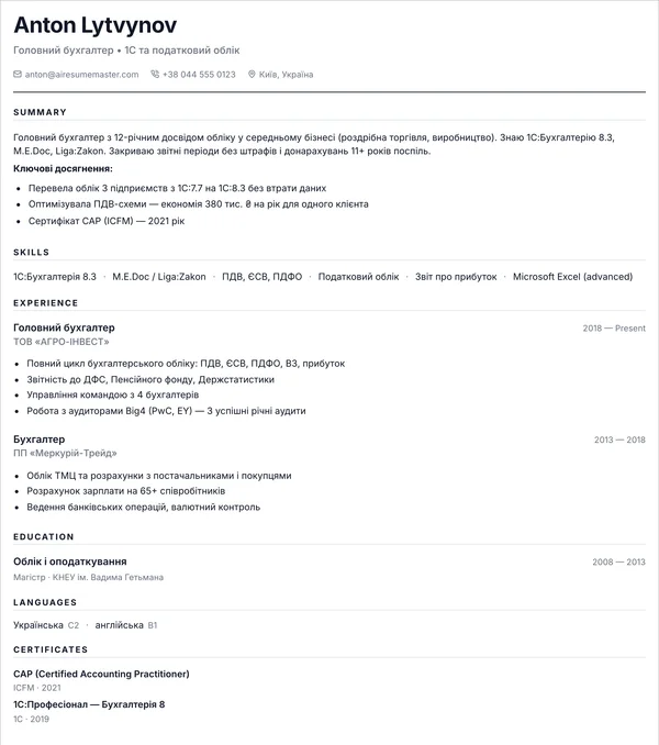 Приклад резюме для Бухгалтер