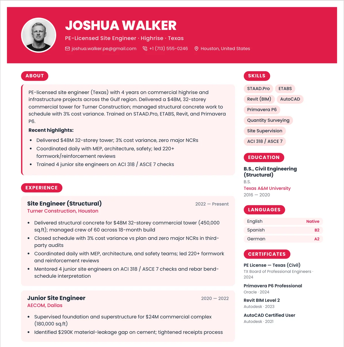 Resume example — civil-engineer