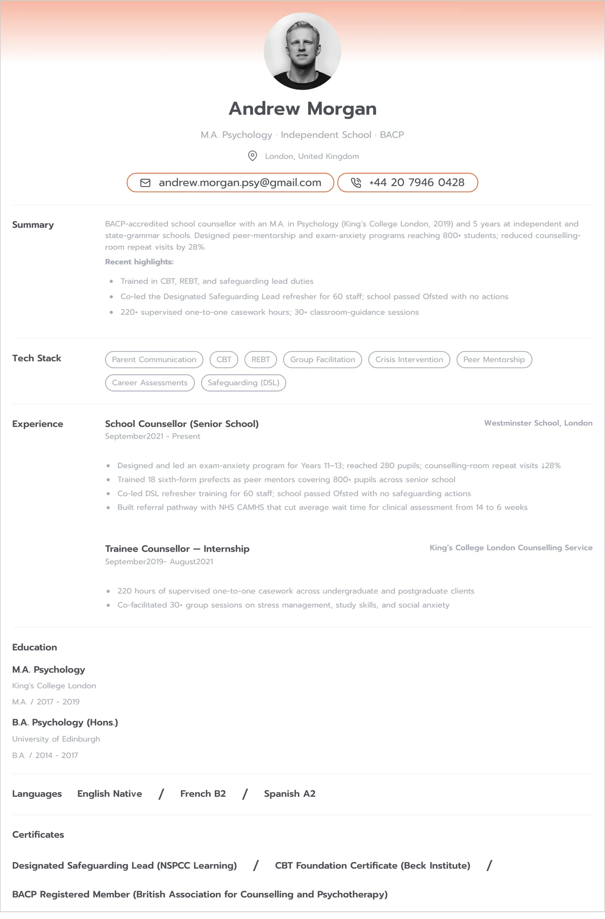 Resume example — counsellor
