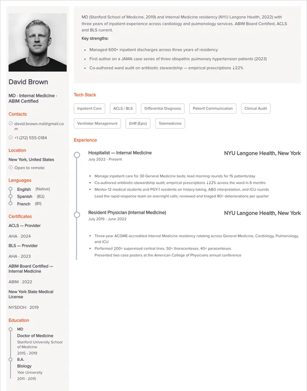 Resume example for Doctor