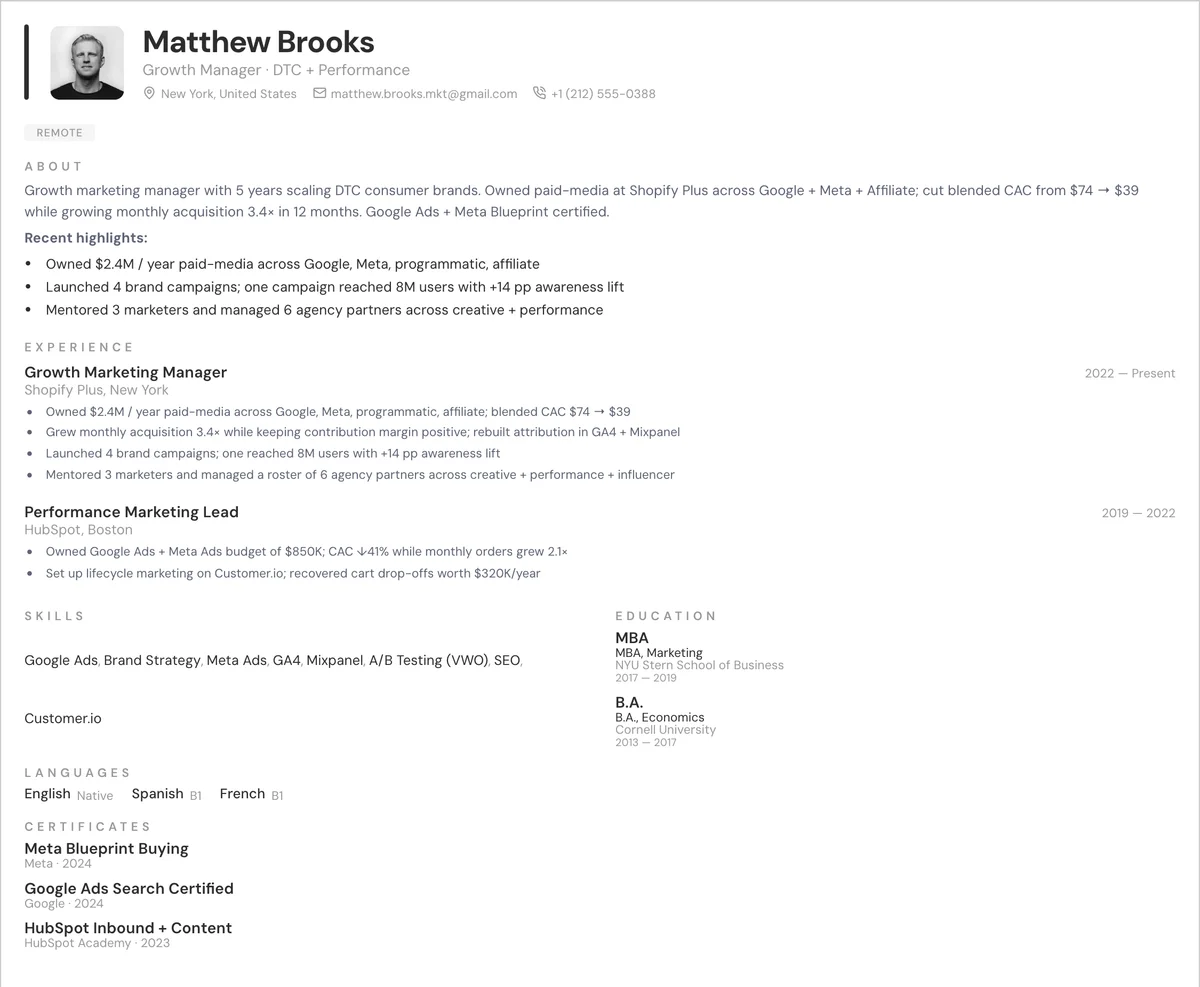 Resume example — marketing