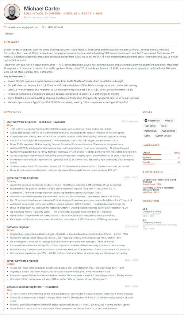 Resume example for Software Engineer