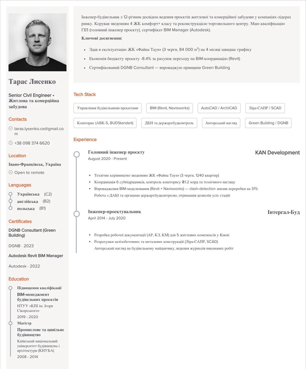 Приклад резюме — inzhener-budivelnyk